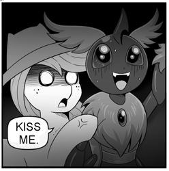 Size: 515x519 | Tagged: safe, artist:vavacung, derpibooru import, edit, applejack, queen chrysalis, earth pony, insect, moth, pony, comic, duo, funny, monochrome, scary face, sweat, sweatdrops, white eyes