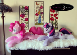 Size: 1280x916 | Tagged: safe, artist:purplenebulastudios, derpibooru import, pinkie pie, twilight sparkle, twilight sparkle (alicorn), alicorn, pony, irl, lying down, photo, plushie, prone