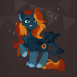 Size: 2687x2687 | Tagged: safe, artist:sugarstar, derpibooru import, oc, oc only, oc:farfett ambra, alicorn, pony, butt wings, colored wings, cute, female, mare, open mouth, open smile, raised hoof, raised leg, smiling, sparkles, standing, tail wings, two toned wings, wings