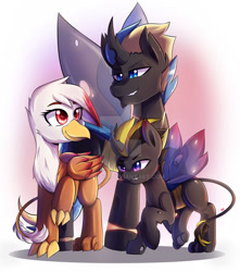 Size: 1024x1158 | Tagged: safe, artist:tikrs007, derpibooru import, oc, oc:king regal, changeling, griffon, changeling oc, commission, family, wings