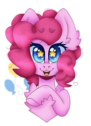 Size: 750x1035 | Tagged: safe, artist:pinkalotl, derpibooru import, pinkie pie, earth pony, pony, chest fluff, ear fluff, ears, female, open mouth, open smile, simple background, smiling, solo, starry eyes, white background, wingding eyes