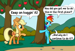 Size: 1926x1300 | Tagged: safe, artist:reconprobe, derpibooru import, applejack, rainbow dash, earth pony, pegasus, pony, apple, apple tree, applejack's hat, bipedal, clothes, cowboy hat, duo, duo female, female, hat, homestar runner, hug, mare, open mouth, speech bubble, tree, tree hugging