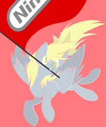 Size: 500x600 | Tagged: safe, artist:clair, edit, editor:undeadponysoldier, derpy hooves, pegasus, pony, fan, female, flag, full body, happy, innocent, lineless, logo, mare, mouth hold, nintendo, nintendo logo, pink background, simple background, solo, spread wings