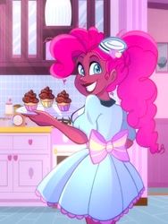 Size: 1542x2048 | Tagged: safe, artist:carouselunique, derpibooru import, pinkie pie, human, g4, baking, bow, cabinet, clothes, cupcake, cute, dark skin, detailed background, diapinkes, digital art, dress, eyes open, female, food, frosting, happy, hat, heart, humanized, kitchen, lightning, plate, ponytail, raised eyebrow, smiling, solo, solo female, stove