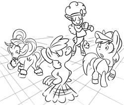 Size: 2150x1817 | Tagged: safe, artist:lockhe4rt, derpibooru import, apple bloom, azure velour, flashdancer, pacific glow, earth pony, pony, 2016, bipedal, black and white, butt, dancing, female, filly, foal, grayscale, i got this, lineart, monochrome, plot, rave