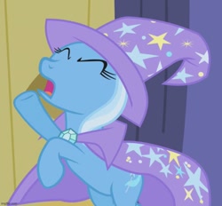 Size: 777x720 | Tagged: safe, derpibooru import, screencap, trixie, pony, unicorn, boast busters, bipedal, cropped, eyes closed, female, mare, open mouth, solo