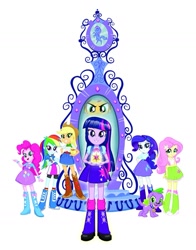 Size: 1131x1445 | Tagged: dead source, safe, derpibooru import, applejack, fluttershy, pinkie pie, rainbow dash, rarity, spike, sunset shimmer, twilight sparkle, dog, equestria girls, applejack's hat, boots, clothes, collar, cowboy hat, element of magic, glare, grin, hand on hip, hat, humane five, humane six, looking at you, magic mirror, mirror portal, official, shirt, shoes, simple background, skirt, smiling, spike the dog, tongue, tongue out, white background