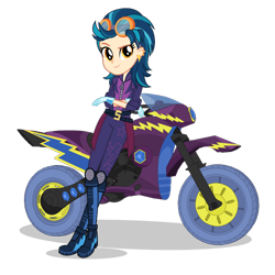 Size: 1400x1400 | Tagged: dead source, safe, derpibooru import, indigo zap, equestria girls, friendship games, clothes, costume, crossed arms, crystal prep shadowbolts, female, gloves, looking at you, motocross, motocross outfit, motorcycle, official, shadowbolts costume, simple background, smiling, smiling at you, solo, transparent background, vector