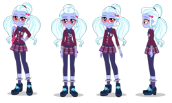 Size: 1400x840 | Tagged: dead source, safe, derpibooru import, sugarcoat, equestria girls, friendship games, bag, clothes, crystal prep academy uniform, cute, female, glasses, hairpin, hand on hip, looking at you, official, pigtails, plaid skirt, pleated skirt, poses, school uniform, shoes, side view, simple background, skirt, smiling, socks, solo, sugarcute, transparent background, white background