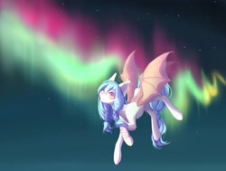 Size: 1280x968 | Tagged: safe, artist:agurana, derpibooru import, oc, oc only, bat pony, pony, aurora borealis, bat pony oc, bat wings, blue hair, colored pupils, commission, digital art, ear tufts, eyebrows, eyebrows visible through hair, eyelashes, female, flying, grin, long hair, long mane, long tail, mare, night, night sky, oc name needed, outdoors, red eyes, sky, smiling, solo, spread wings, stars, tail, wings