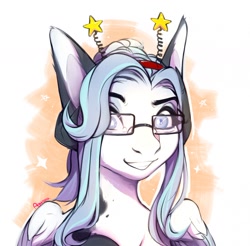 Size: 1280x1257 | Tagged: oc name needed, safe, artist:agurana, derpibooru import, oc, oc only, pegasus, pony, blue eyes, blue hair, digital art, female, glasses, long ears, long hair, long mane, looking at you, mare, pegasus oc, smiling, smiling at you, solo, wings