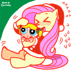 Size: 600x590 | Tagged: safe, artist:sukaponta, derpibooru import, fluttershy, pegasus, pony, ><, bubbles (powerpuff girls), christmas, clothes, costume, cute, duo, emanata, eyes closed, female, happy holidays, hat, heart, holiday, holly, mare, merry christmas, open mouth, santa costume, santa hat, simple background, the powerpuff girls, white background