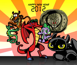 Size: 800x671 | Tagged: safe, artist:sukaponta, derpibooru import, spike, dragon, 2012, american dragon jake long, dojo kanojo cho, happy new year, holiday, how to train your dragon, jackie chan adventures, looking at you, mulan, mushu, night fury, shendu, xiaolin showdown