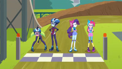 Size: 3410x1920 | Tagged: safe, derpibooru import, screencap, lemon zest, pinkie pie, rarity, sunny flare, equestria girls, friendship games, crossed arms, female, goggles, helmet, high res, roller skates, sleeveless, smiling