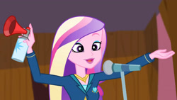 Size: 3410x1920 | Tagged: safe, derpibooru import, screencap, dean cadance, princess cadance, equestria girls, friendship games, airhorn, female, high res, microphone, open mouth, open smile, smiling, solo