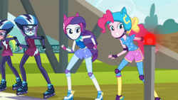 Size: 3410x1920 | Tagged: safe, derpibooru import, screencap, lemon zest, pinkie pie, rarity, sunny flare, equestria girls, friendship games, female, goggles, grin, helmet, high res, open mouth, roller skates, sleeveless, smiling