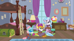 Size: 1280x699 | Tagged: safe, artist:brightstar40k, derpibooru import, ocellus, silverstream, smolder, changeling, dragon, hippogriff, alarm clock, bedroom, bondage, bunk bed, chest, clock, cloth gag, clothes, dorm, footed sleeper, footie pajamas, gag, help, kidnapped, ladder, lamp, locked, nightgown, onesie, over the nose gag, pajamas, room, rug, school of friendship, tied up, worried