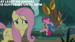 Size: 1280x720 | Tagged: safe, derpibooru import, edit, edited screencap, editor:quoterific, screencap, fluttershy, pinkie pie, earth pony, pegasus, pony, season 8, yakity-sax, spoiler:s08, ^^, cute, diapinkes, duo, eyes closed, female, grin, mare, pinkie being pinkie, smiling, text