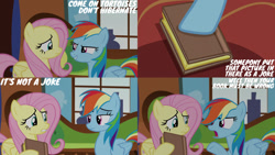 Size: 1280x720 | Tagged: safe, derpibooru import, edit, edited screencap, editor:quoterific, screencap, fluttershy, rainbow dash, pegasus, pony, season 5, tanks for the memories, book, duo, female, fluttershy's cottage, mare, open mouth, smiling, text