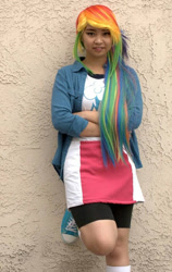 Size: 646x1023 | Tagged: safe, artist:eri-nyan, derpibooru import, rainbow dash, human, equestria girls, 2015, clothes, converse, cosplay, costume, irl, irl human, multicolored hair, photo, rainbow hair, shoes, sneakers, solo