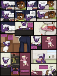 Size: 1750x2333 | Tagged: safe, artist:99999999000, derpibooru import, oc, oc only, oc:firearm king, oc:holly stone, oc:susie cotes, oc:zhang xiangfan, earth pony, pony, comic:journey, baby, baby bottle, baby pony, brother, brother and sister, clothes, comic, controller, diaper, female, kitchen, male, pacifier, siblings, sister, smoke, smoking, video game