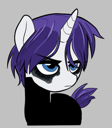 Size: 629x719 | Tagged: artist needed, safe, derpibooru import, rarity, pony, unicorn, aggie.io, alternate hairstyle, batman, bodysuit, clothes, female, frown, makeup, mare, running makeup, simple background