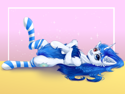 Size: 2000x1500 | Tagged: safe, artist:querisyart, derpibooru import, oc, oc:whirligig firefly, pony, unicorn, clothes, cute, ear fluff, ears, female, fluffy, heterochromia, lying, lying down, mare, on back, simple background, smiling, socks, striped socks, tail