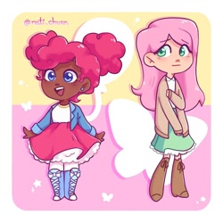 Size: 1000x1000 | Tagged: safe, artist:nati_chuan, derpibooru import, fluttershy, pinkie pie, human, g4, blouse, boots, bow, cardigan, clothes, coat, cute, cutie mark, dark skin, diapinkes, dress, duo, duo female, ear piercing, earring, female, happy, humanized, jewelry, open mouth, open smile, piercing, shirt, shoes, shy, simple background, skirt, smiling, stockings, thigh highs