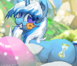 Size: 2300x2000 | Tagged: safe, artist:colochenni, derpibooru import, minuette, pony, unicorn, butt, cute, drawthread, female, flower, mare, mouth hold, plot, requested art, solo