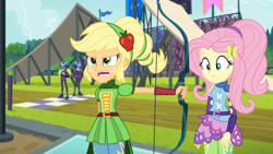 Size: 3410x1920 | Tagged: safe, derpibooru import, screencap, applejack, fluttershy, lemon zest, sunny flare, equestria girls, friendship games, archery, duo, duo female, duo focus, female, hairpin, high res, open mouth