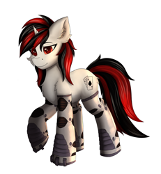 Size: 4447x4809 | Tagged: safe, alternate version, artist:flapstune, derpibooru import, oc, oc only, oc:blackjack, cyborg, pony, unicorn, fallout equestria, fallout equestria: project horizons, amputee, augmented, chest fluff, cutie mark, cyber eyes, cyber legs, cyborg pony, ear fluff, ears, fanfic art, female, fluffy, horn, looking at you, mare, prosthetic leg, prosthetic limb, prosthetics, simple background, small horn, solo, transparent background