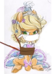 Size: 1010x1327 | Tagged: safe, artist:ashertristaxx12, derpibooru import, applejack, earth pony, pony, angry, applejack is not amused, bow, cloth gag, clothes, cute, dress, dressup, ear piercing, flower, flower in hair, gag, glare, hennin, jackabetes, needs more jpeg, over the nose gag, piercing, princess, princess hat, tied up, unamused