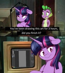 Size: 597x673 | Tagged: safe, artist:2fat2fly, derpibooru import, spike, twilight sparkle, dragon, pony, comic, computer, coraline, dialogue, ears, female, floppy ears, male, mare, parody