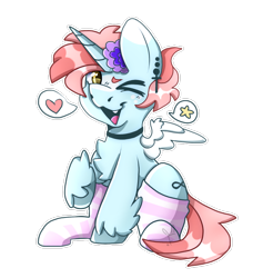 Size: 728x768 | Tagged: safe, artist:pinkalotl, derpibooru import, oc, oc only, oc:candy, alicorn, pony, chest fluff, clothes, fangs, femboy, flower, fluffy, freckles, horn, male, piercing, simple background, sitting, small wings, socks, soft, solo, stockings, striped socks, thigh highs, transparent background, wings