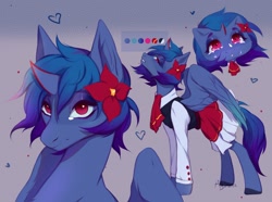 Size: 1280x951 | Tagged: safe, artist:agurana, derpibooru import, oc, oc only, oc:lunar eclipse, alicorn, alicorn oc, blue hair, blue mane, clothes, female, flower, gift art, horn, looking at you, mare, red eyes, reference sheet, solo, wings