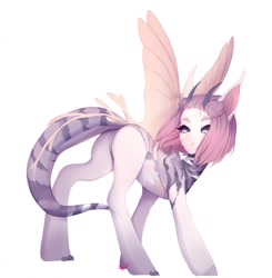 Size: 1254x1280 | Tagged: safe, artist:agurana, derpibooru import, oc, oc only, original species, pony, black sclera, butt, claws, commission, digital art, ear tufts, horns, looking back, plot, rear view, short hair, short mane, simple background, solo, white background, wings