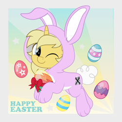 Size: 5000x5000 | Tagged: safe, artist:jhayarr23, derpibooru import, part of a set, oc, oc only, oc:sunlight bolt, unicorn, animal costume, bunny costume, clothes, costume, easter, easter egg, holiday, movie accurate