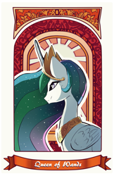 Size: 777x1200 | Tagged: safe, artist:skyeypony, derpibooru import, princess celestia, alicorn, bust, card, ethereal mane, jewelry, regalia, solo