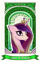 Size: 777x1200 | Tagged: safe, artist:skyeypony, derpibooru import, princess cadance, alicorn, pony, card, crown, female, horn, jewelry, looking at you, mare, multicolored mane, pink coat, profile, regalia, smiling, solo, spread wings, text, wings