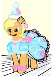 Size: 711x1024 | Tagged: safe, artist:darlycatmake, derpibooru import, edit, edited screencap, screencap, applejack, earth pony, pony, applejack also dresses in style, bow, clothes, colored, cute, dress, dressup, ear piercing, flower, flower in hair, froufrou glittery lacy outfit, hennin, jackabetes, piercing, princess, princess applejack, princess hat
