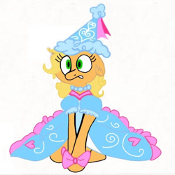 Size: 675x675 | Tagged: safe, artist:darlycatmake, derpibooru import, applejack, earth pony, pony, beautiful, beautiful eyes, beautiful hair, bow, clothes, colored, dress, dressup, embarrassed, froufrou glittery lacy outfit, hennin, jewelry, necklace, princess, princess applejack, princess hat, upset, why, wide eyes, worried
