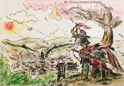 Size: 2028x1409 | Tagged: safe, artist:china consists of them!, derpibooru import, kirin, ancient, china, pink, scenery, soldier, solo, sunshine, sword, tang dynasty, town, traditional art, tree, weapon