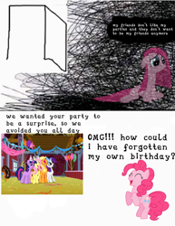 Size: 828x1074 | Tagged: safe, derpibooru import, edit, editor:lemno'tea, screencap, applejack, fluttershy, pinkie pie, rarity, twilight sparkle, earth pony, pegasus, pony, unicorn, party of one, season 1, female, happy, mare, meme, pinkamena diane pie, sad, simple background, text, white background