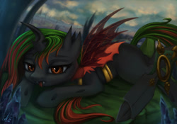 Size: 1000x700 | Tagged: safe, artist:genbulein, derpibooru import, oc, oc only, oc:queen mira, changeling, changeling queen, detailed background, double colored changeling, female, horn, solo, tongue, tongue out, wings