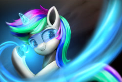 Size: 3100x2100 | Tagged: safe, artist:cxynbl, derpibooru import, oc, oc only, pony, unicorn, glowing, glowing horn, high res, horn, multicolored mane, smiling, solo, underhoof, unicorn oc