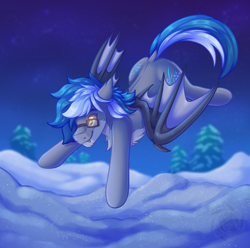 Size: 1848x1832 | Tagged: safe, artist:fkk, derpibooru import, oc, oc only, oc:midnight snowstorm, bat pony, bat pony oc, fangs, gift art, glowing, glowing eyes, male, snow, solo, stallion, wings, winter