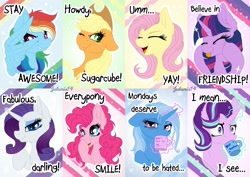 Size: 5120x3620 | Tagged: safe, artist:julunis14, derpibooru import, applejack, fluttershy, pinkie pie, rainbow dash, rarity, starlight glimmer, trixie, twilight sparkle, alicorn, earth pony, pegasus, pony, unicorn, :i, :p, chest fluff, ear fluff, ears, floppy ears, i mean i see, mane six, open mouth, tongue, tongue out, wing hands, wings, yay