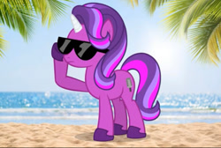 Size: 674x454 | Tagged: safe, artist:agentoffluffy, derpibooru import, oc, oc only, oc:agentoffluffy, pony, unicorn, beach, female, frown, full body, hooves, horn, mare, multicolored mane, multicolored tail, ocean, outdoors, palm tree, shadow, show accurate, solo, standing, sunglasses, tail, tree, unicorn oc, water