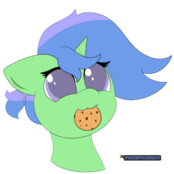 Size: 5467x5467 | Tagged: safe, artist:phosphorshy, derpibooru import, oc, oc:burst bubble, pony, unicorn, bust, cookie, cute, ears back, female, food, nom, portrait, signed, simple background, solo, transparent background