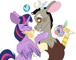 Size: 810x640 | Tagged: safe, artist:noodlezss, derpibooru import, discord, twilight sparkle, twilight sparkle (alicorn), alicorn, draconequus, antlers, discolight, duo, eyes closed, female, hand on cheek, heart, leaf, male, shipping, simple background, smiling, straight, white background, wings